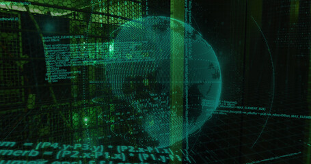 Image of data processing and globe over server room