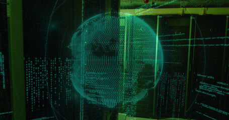 Image of data processing and globe over server room