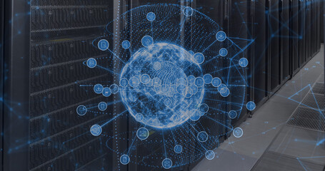 Image of data processing and globe over server room