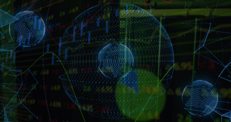 Image of data processing and globe over server room