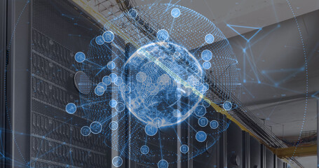 Image of data processing and globe over server room