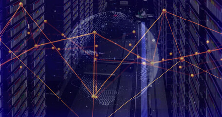 Image of data processing and globe over server room