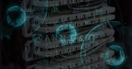 Image of data processing and globe over server room
