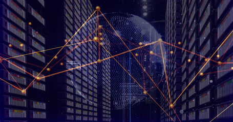 Image of data processing and globe over server room