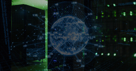 Image of data processing and globe over server room