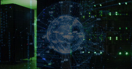Image of data processing and globe over server room