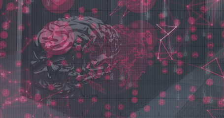 Image of data processing and globe with brain over server room