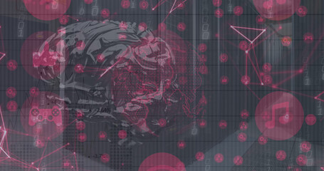 Image of data processing and globe with brain over server room