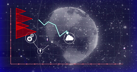 Image of data processing over globe with icons