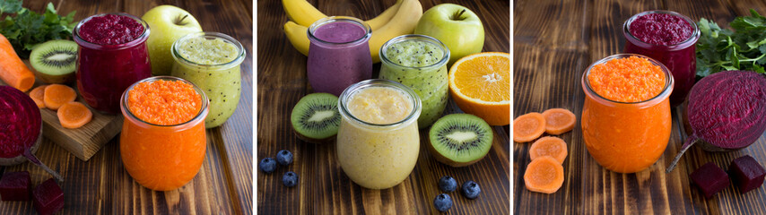 Collage. Different fruit and vegetable smoothies or puree in the small glass jars on the brown wooden background. Closeup.