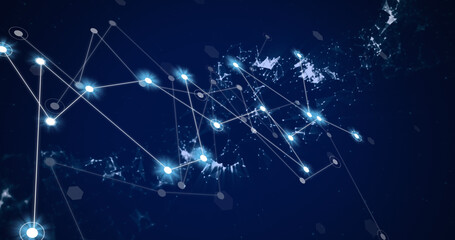 Image of network of connections with glowing spots on black background © vectorfusionart