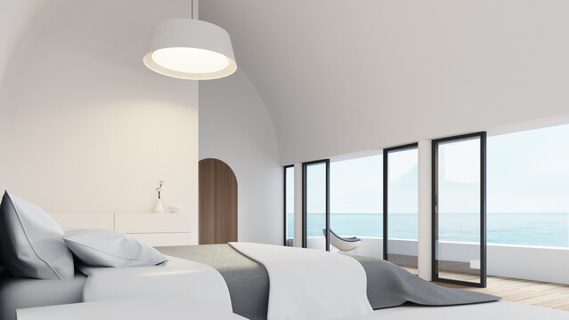 White bedroom luxury modern style and sea view - 3D rendering