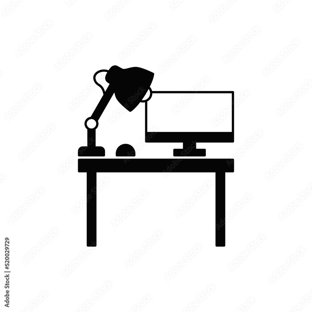 Poster Computer desktop, workspace table icon in black flat glyph, filled style isolated on white background