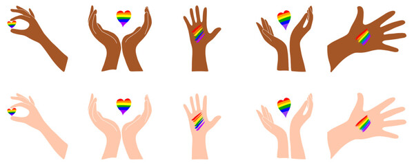 A set of hands with a heart. Rainbow heart. Light and dark skin. LGBT.