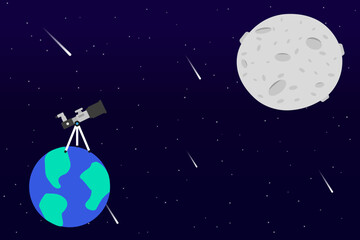 The telescope is on the planet earth in the direction of the moon. Big planets in the starry sky. Falling comets. Vector illustration. EPS 10