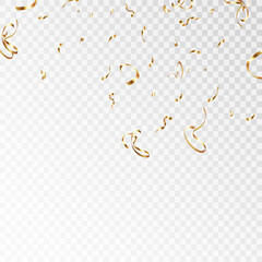 Confetti on a transparent background. Falling shiny golden confetti. Bright golden festive tinsel. Holiday design elements for web banner, poster, flyer, invitation. Vector
