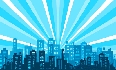 Comic burst radial blue background with city silhouette © anggi wibisono