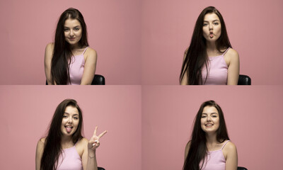 Set of young girl posing with many different facial expressions on pink background. Collage with emotions.