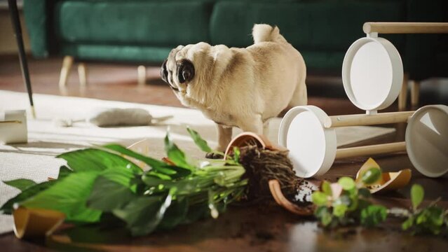 Funny Animal Moment: Pug Dog Overturns Potted Flower, eats the dirt, Makes a Mess in Whole Apartment. Adorable Cute Silly Looking Puppy Creating Chaos Everywhere, Ruining Furnitre, Plants, Carpet