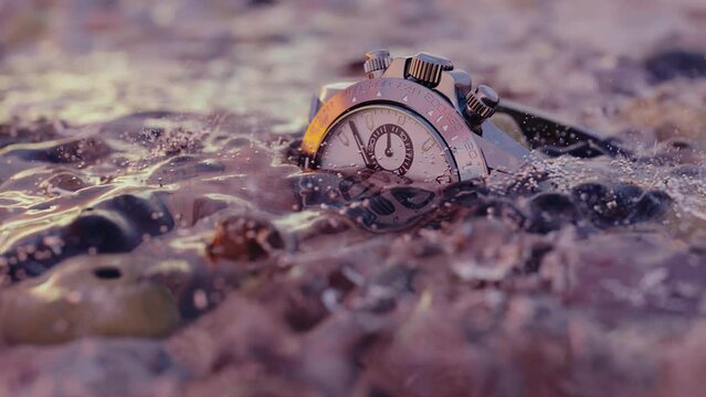 Wristwatches rusting ashore in the sunset. Life concept. Timelapse. Water simulation. Cgi modern realistic art.