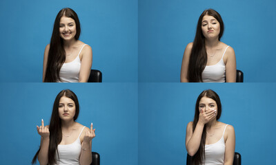 Set of young woman's portraits with different happy and sad emotions. Collage with four different emotions.