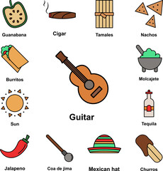 Guitar, instrument icon in a collection with other items