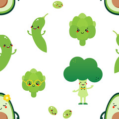 Cute cartoon style artichoke, avocado, broccoli, edamame beans characters vector seamless pattern background for vegan food and nature design.
