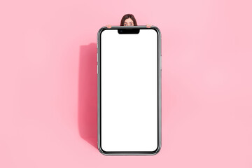 Full size photo of young lady empty space cover body face eyes peeking isolated on pink color background