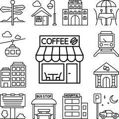 Cafe, coffee, building icon in a collection with other items