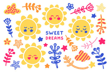 Bright sunny children's vector set of over twenty-five clip arts in scandinavian folk style. Delicate dreamy suns, twigs, clouds, stars and flowers for posters, prints, patterns, textiles, decor, kids