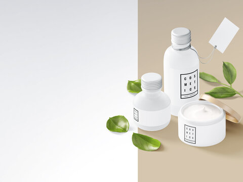 Bonus Cosmetics Card for Mockup with set of bottles with green leaves, 3d Rendering, 3d Illustration