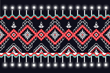 Red square shapes framed by beautiful white bouquets woven together on a dark navy background for textile garments.