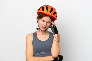 Young cyclist English woman isolated on white background with headache