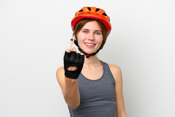 Young cyclist English woman isolated on white background doing coming gesture