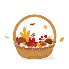 Vector wicker basket with mushrooms, autumn leaves, berries and wheat. Traditional vector element for festival banner, greeting card, thematic design. Isolated on white background