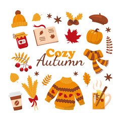 Set of cozy autumn elements - warm sweater, scarf, leaves, mug of mulled wine, open book, pumpkin, jar of jam, etc. Hygge time collection. Isolated on white background. Flat vector illustration