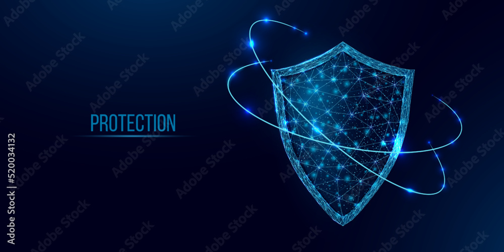 Wall mural guard shield. cyber security concept with glowing low poly shield on dark blue background. wireframe