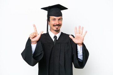 Young university graduate man isolated on white background counting seven with fingers