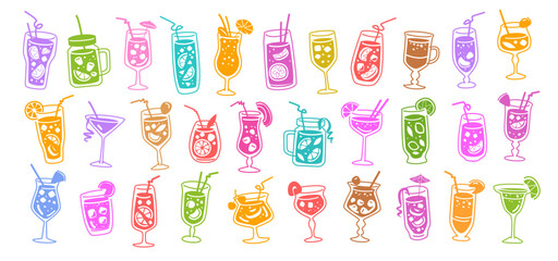 Obraz premium Alcohol and juice cocktails icon set. Summer holiday and beach party concept. Vector illustration for restaurant menu