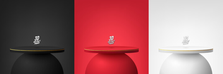 Set of abstract 3D background with realistic cylinder stand or podium. black, Red, white. Minimal wall scene mockup products, Round stage showcase, Promotion display. Vector geometric forms design.