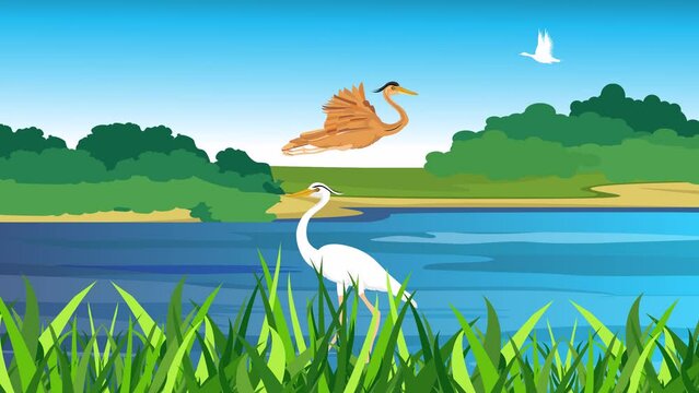 Animation of a flying heron on a lake bacground