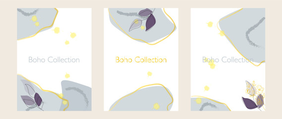 Vector illustration. Abstract background. Invitation with gold lines and splashes, leaves, flowers and twigs. Ideal as an invitation for weddings and special dates.