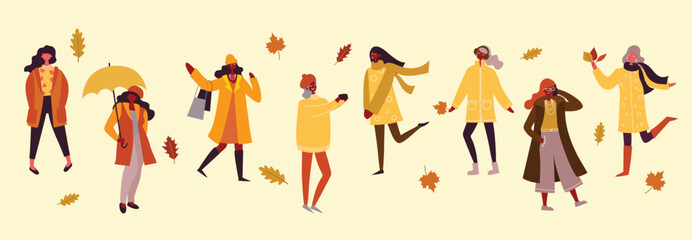 Vector illustration in flat design of autumn season background with people outdoor