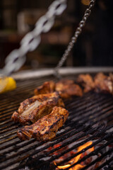 barbecue grill with meat and vegetables