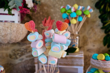 Marshmallow lollipop and gummy kabobs