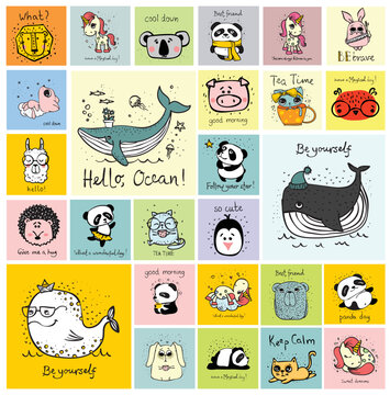 Vector set of cards with cute happy animal faces for kid's interiors, banners and posters illustrations