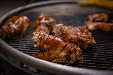 barbecue grill with meat and vegetables