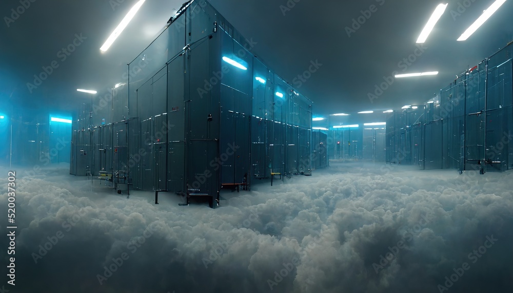 Poster a futuristic server room hovers above the clouds, a cloud storage concept. network and internet comm