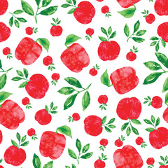 Seamless hand painted apples and leaves pattern on white background. 
