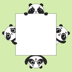 Fototapeta premium Cartoon pandas with blank sign. Place for text. Vector illustration